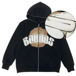 Custom Wholesale 100% Cotton Premium 3D Full Zip Up Puff Print Hoodie