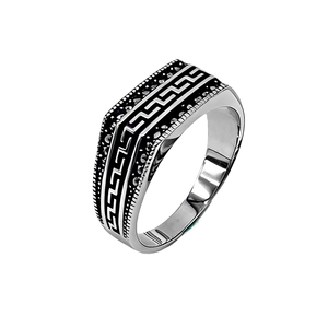 Anillo de Sello para Hombre de Plata de Ley 925 Kaanjewelry, Anillos de Plata con Patrón Geométrico de Marcasita y Esmalte Negro Vintage para Hombre - Product Image 5
