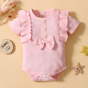 Venta al por mayor: Monos de verano para bebé niña, de manga corta, con encaje y diseño de tira, color liso, estilo adorable. - Product Image 2