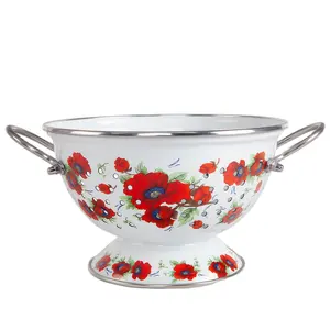 Emaille Fruit Vergiet 16/22/26/28Cm Custom Kleur Metalen Staal Emaille Gecoat Fruit Opslag Vergiet met Roestvrij Stalen Velg