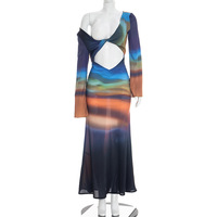 Robe longue élégante pour femmes Viviblook D26DS030, robe décontractée pour femmes, imprimé en maille, manches longues, dos nu