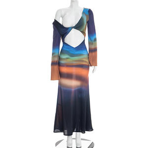 Viviblook D26DS030 Vestidos Casuales para Mujer, Vestido Largo Elegante con Espalda Descubierta y Mangas Largas de Malla Estampada - Product Image 6