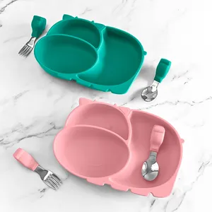 Assiette en Silicone pour l'alimentation des bébés, bol pour enfants pour le petit déjeuner, vaisselle d'alimentation, avec fourchette et cuillère, qualité supérieure