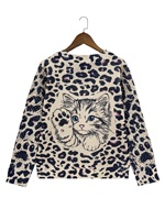 Pull en maille pour femme à motif chat 2026, imprimé léopard, col en V, manches longues, maille ajourée, patchwork, imprimé numérique, respirant
