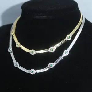 5A cz adjustable 32+10cm green lucky eyes diamond silver gold plated snake link chain hip hop women necklace