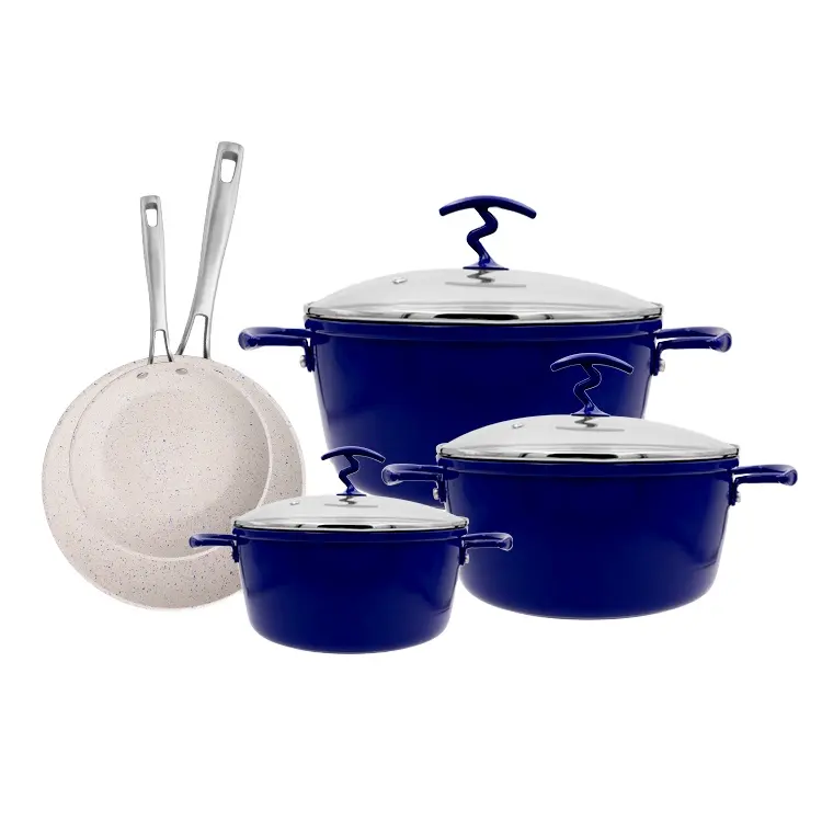 8pcs Blue White ceramic aluminum marmite aluminium nonstick kitchen pots and pans non-stick cooking pots cookware set with glass