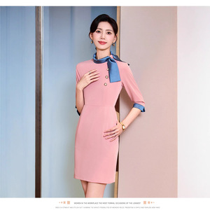 Pink Mandarin Collar Sheath Dress Women Three Quarter Sleeve Solid Color Professional Career Workwear - Product Image 5