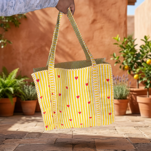 Colorful Heart Printed Quilted Cotton Tote <b>Bags</b> Handprinted Tote <b>Bag</b> Sustainable Sturdy Grocery Shopping <b>Boho</b> Women's Handbags - Product Image 2