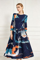Robe midi plissée taille unique pour femme, manches lanternes trois quarts, col rond, imprimé, mode printemps-automne
