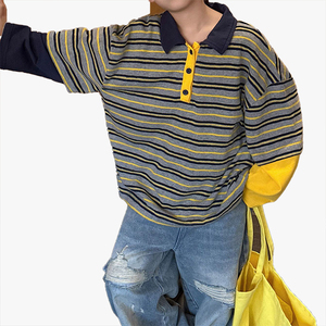 Polo à manches contrastées pour enfants, ensemble deux pièces, nouveau style printemps-automne 2026, t-shirt à manches longues pour garçons, haut rayé ample - Product Image 4