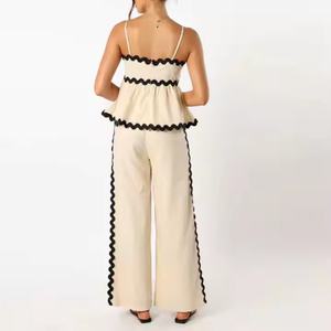 Nouveauté été : Ensembles en lin brodés pour femme, style plage, comprenant un haut court à bretelles et un pantalon ample - Product Image 2