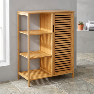 Armoire de salle de bain en teck massif avec 1 porte à persiennes et 3 étagères ouvertes à lattes - Product Image 3