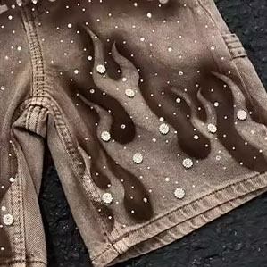 Short en jean imprimé délavé vintage Streetwear personnalisé avec strass intégral - Product Image 3