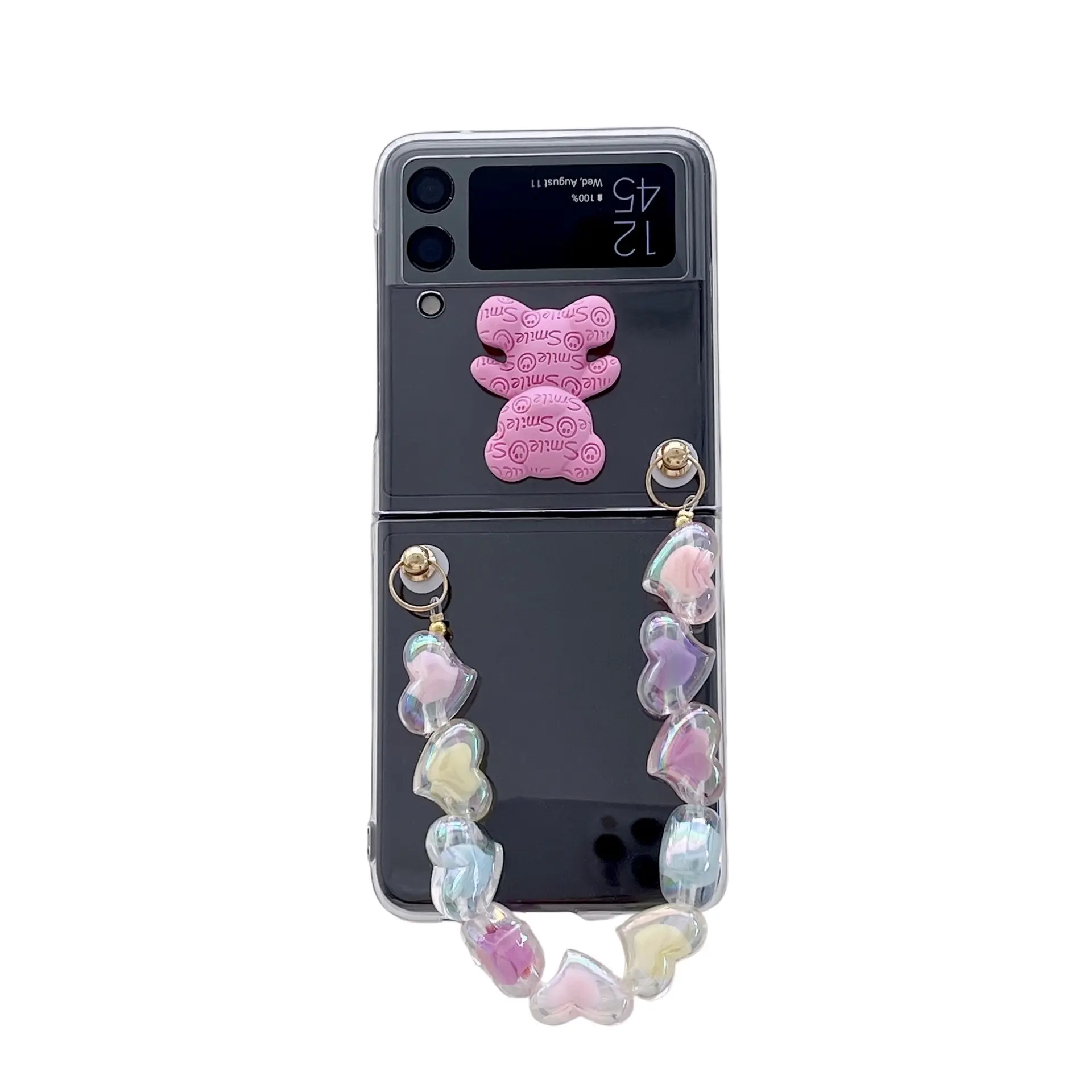 2022 For Samsung Z Flip 3 Cute Bear Transparent Mobile Phone Case With Lanyard Portable Love Heart Chain Bracelet Folding Cover