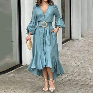 Eid Spring Cotton Linen Linen Loose Tops Elegant Cardigans Solid Colours Dresses Women's Turkish Muslim Belted Long Dresses