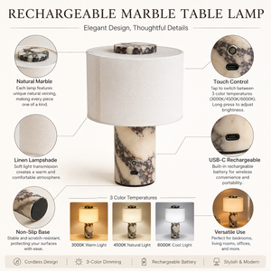 Lámpara de Mesa Recargable de Mármol con Pantalla de <span class=keywords><strong>Lino</strong></span>, Inalámbrica, Táctil, Regulable, Luz Ambiental para Mesita de Noche, Lámpara de Escritorio Cilíndrica de Lujo - Product Image 3