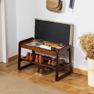 2-Tier rắn gỗ chân lối vào giày băng ghế dự bị với đệm ghế và lưu trữ Kệ trang trí gỗ sồi 20.9 "W - Product Image 1