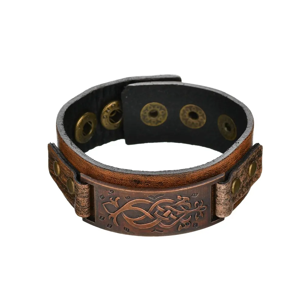 vintage fashion genuine leather totem embossed bracelet bangle punk rock style 2020 new wristband adjustable factory wholesale