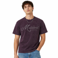 T-shirt Homme OEM ODM Vintage Violet Délavé à l'Acide avec Impression Strass Thermocollés Style Cursive Bling, Coupe Oversize en Coton Doux, Style Rétro Streetwear