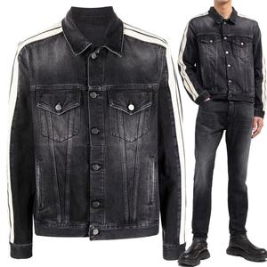 Vestes en tissu denim de coton, fabricant OEM sur mesure, veste en jean noire délavée avec manches latérales rayées blanches, coupe ajustée, style jean - Product Image 6