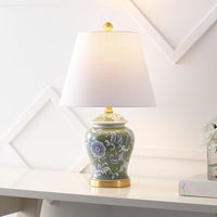 Lampe de table LED 22 pouces, verte et blanche, en céramique et métal, style Chinoiserie, abat-jour en lin traditionnel français, finition laiton doré
