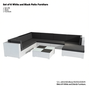Conjunto de Muebles de Patio de Ratán Blanco y Negro de 8 Piezas, Sofá Seccional para Exteriores con Mesa de Centro, Diseño Moderno y Contemporáneo - Product Image 1