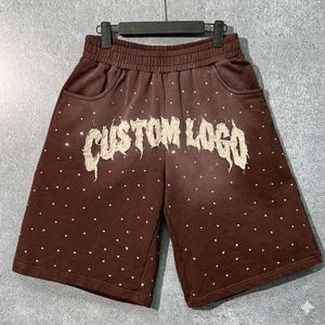 Shorts en coton épais <span class=keywords><strong>d</strong></span>élavé style vintage avec strass, shorts de survêtement <span class=keywords><strong>d</strong></span>élavés à l'acide, logo personnalisé, ensemble baggy pour homme, collection été - Product Image 1