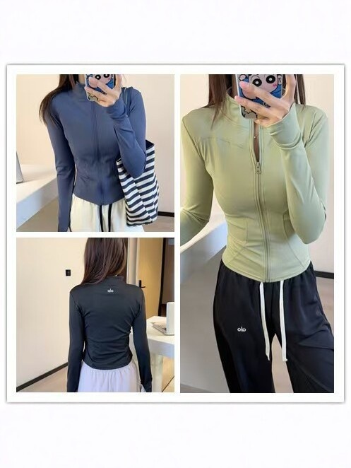 Stand Collar Long Sleeve Slim Zipper Yoga Suit Women's Spring Fitness Sports Top Solid Color Versatile Coat Spandex Breathable