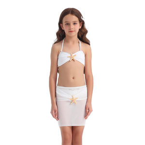 Set bikini HDJ per ragazze con gonna e decorazioni a forma di stella marina, costume da bagno bianco per outfit estivo da spiaggia - Product Image 4