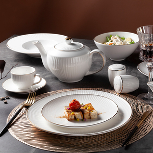 Juego <span class=keywords><strong>de</strong></span> Vajilla <span class=keywords><strong>de</strong></span> Porcelana Blanca <span class=keywords><strong>de</strong></span> Estilo Occidental con Borde Dorado en Relieve para Restaurante <span class=keywords><strong>de</strong></span> <span class=keywords><strong>Hotel</strong></span> <span class=keywords><strong>de</strong></span> Alta Gama - Product Image 3