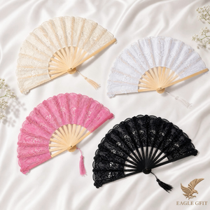 Abanico de 23 cm con Varillas de Bambú Clásicas Estampadas, Encaje Español Hecho a Mano, Diseño de Libélula, Arte Folclórico, Regalo Empresarial - Product Image 1