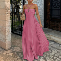 Robe longue plissée sans manches à col halter pour femme, couleur unie, style européen et américain, idéale pour les vacances à la plage