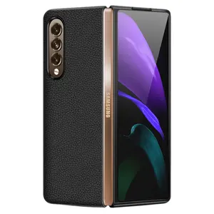 Capa de telefone de couro para galaxy z, dobrável, 3 tampas de couro bovino dobrável, 2 capa para celular em couro real