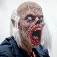 Masque de cosplay d'Halloween réaliste en latex avec yeux aveugles, dents de cochon, bouche sanglante et tête chauve blanche – Accessoire de costume de vampire