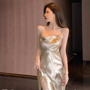 <b>Champagne</b> Satin Sheath Evening <b>Dress</b> With Slit Scoop Neck Spaghetti Strap <b>Long</b> Gown For Women - Product Image 2