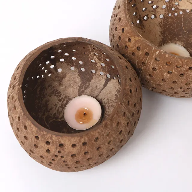 Best Seller di alta qualità nuovo Design portacandele intagliato ciotola di guscio di cocco, guscio di cocco per la produzione di candele dal Viet Nam