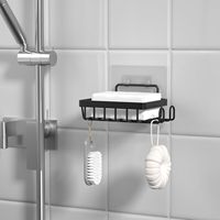 Support mural adhésif rectangulaire en métal noir pour savon auto-drainant avec 2 crochets pour salle de bain, douche, évier