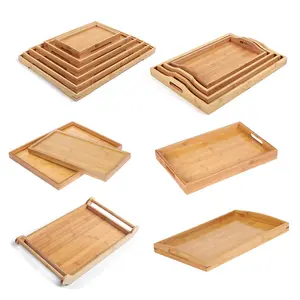 Wholesale Multi Size Natural Wooden Food Tray With Handles Rectangular Thickened Bamboo Serving Trays