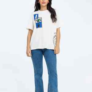 Camiseta Casual de Algodón Orgánico Estampada para Mujer, Cuello en V, Manga Corta, Colores Personalizados, Logotipo, Diseño Bordado Antiarrugas de Alta Calidad - Product Image 1