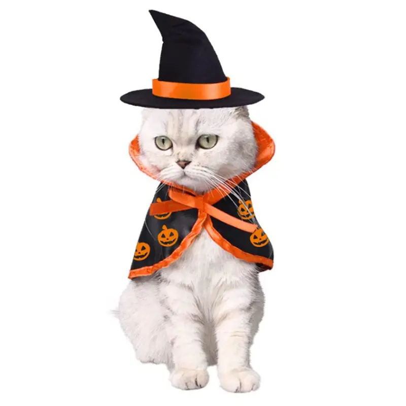 Halloween Cat Costume Cloak Witch Hat Pet Accessories Halloween Adjustable Pumpkin Pet Costume Clothes Set