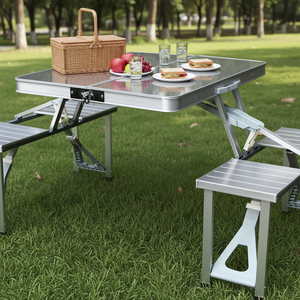 Leisure Modern Outdoor Use Aluminum Folding Rect Picnic <b>Table</b> With 4 Chairs 1 Year Warranty Folded Design - Product Image 1