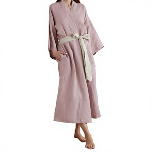 Kimono de lino beige, bata de baño, ropa informal, ropa de dormir, talla grande, holgado, con cinturón, para vacaciones. - Product Image 3