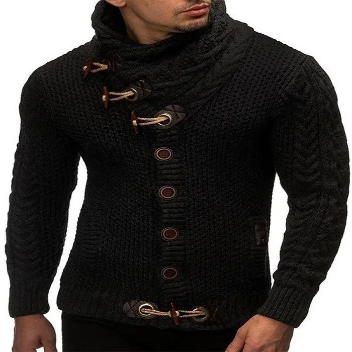 Fashion Oem Winter Polyester Horn Buckle Fashion Button Knit Cardigan Men Buttoned Men's Turtleneck Sweater Autumn Winter