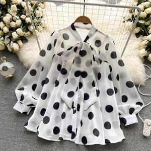 FEEKEKE Women's Chiffon Blouse - Polka Dot V-Neck Short Sleeve Casual Top, Loose Fit - View #9