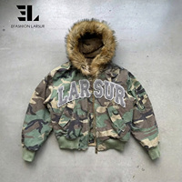 Veste bomber à capuche camouflage en nylon ripstop avec patch brodé réversible personnalisé LARSUR, fausse fourrure