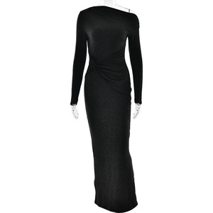 Robe moulante asymétrique à manches longues et épaules dénudées, froncée, taille naturelle, pour soirée - Product Image 5
