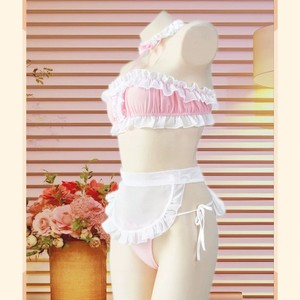 Conjunto de lencería rosa con encaje para mujer, estilo linda y femenina, de 2 piezas, suave, de viscosa, sin mangas, uniforme para juegos de rol. - Product Image 4