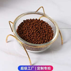Glass <b>Cat</b> Bowl Elevated Transparent Double Wall <b>Feeder</b> For <b>Cats</b> With Gold Stand - Product Image 4