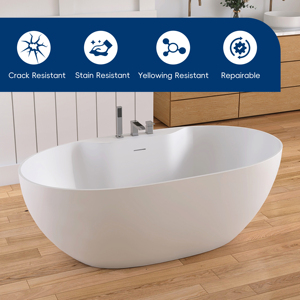 Bañera Moderna de Piedra Artificial para 2 Personas, Bañera de Superficie Sólida para Baño, Bañera Ovalada Blanca Independiente de 1600 mm - Product Image 3