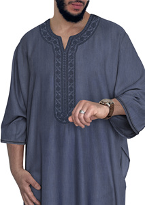 2025 bordado marroquí gris Thobes hombres musulmán bolsillo lateral Thobe tradicional Jibba Abaya ropa de hombre Jalabiya para hombres - Product Image 2